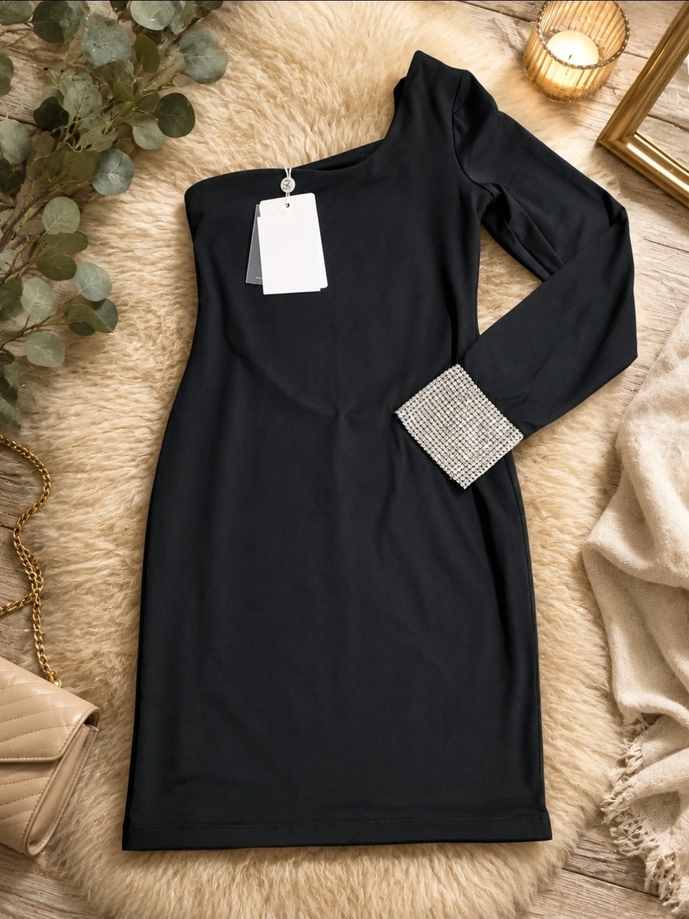 Bombshell Sportswear One-Shoulder Black Dress with Rhinestone Cuff